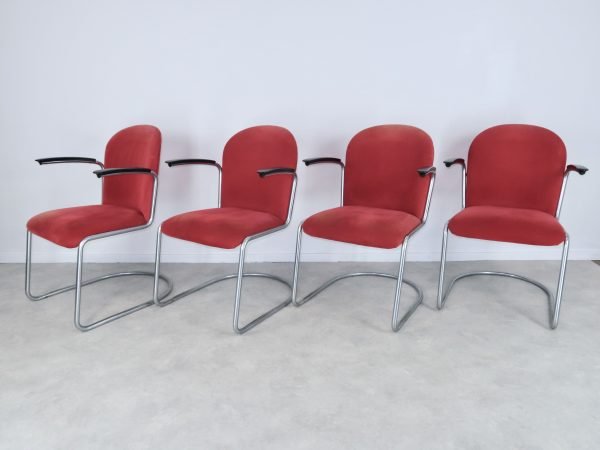 eettafelstoelen 413R Gispen rode ribstof 50s 60s - Afbeelding 2