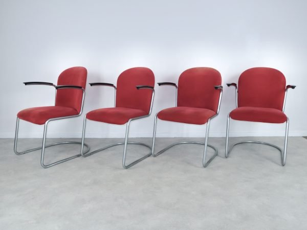 eettafelstoelen 413R Gispen rode ribstof 50s 60s