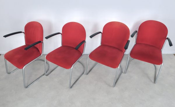 eettafelstoelen 413R Gispen rode ribstof 50s 60s - Afbeelding 5