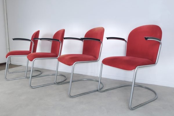 eettafelstoelen 413R Gispen rode ribstof 50s 60s - Afbeelding 4